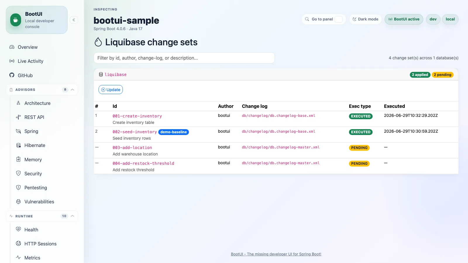 BootUI Liquibase panel