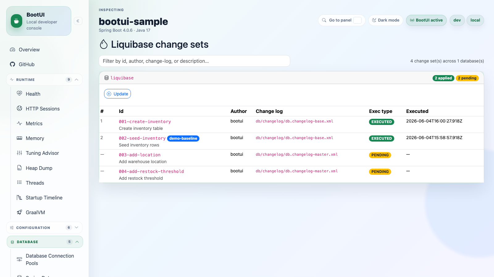 BootUI Liquibase panel