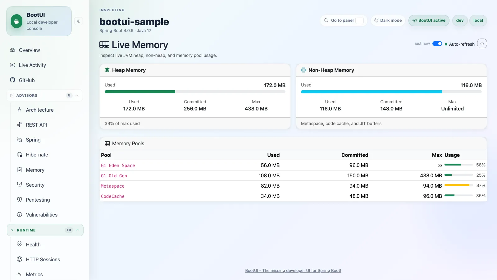 BootUI Live Memory panel