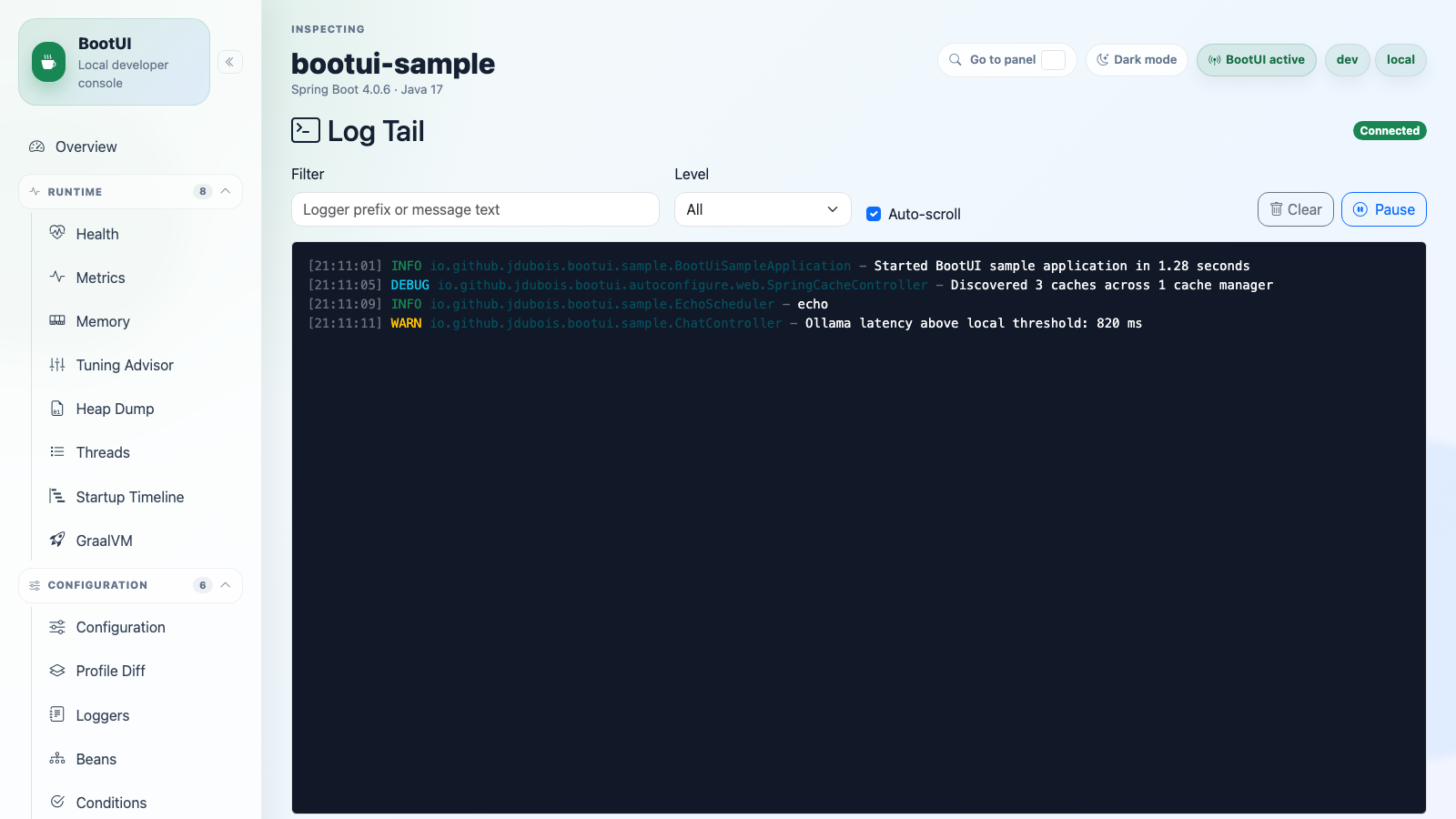 BootUI Log Tail panel