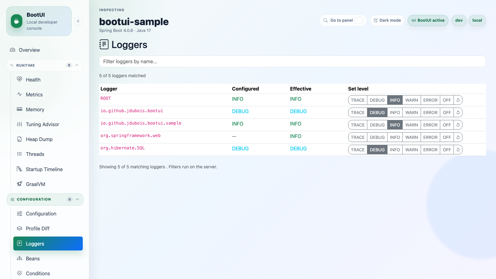 BootUI Loggers panel