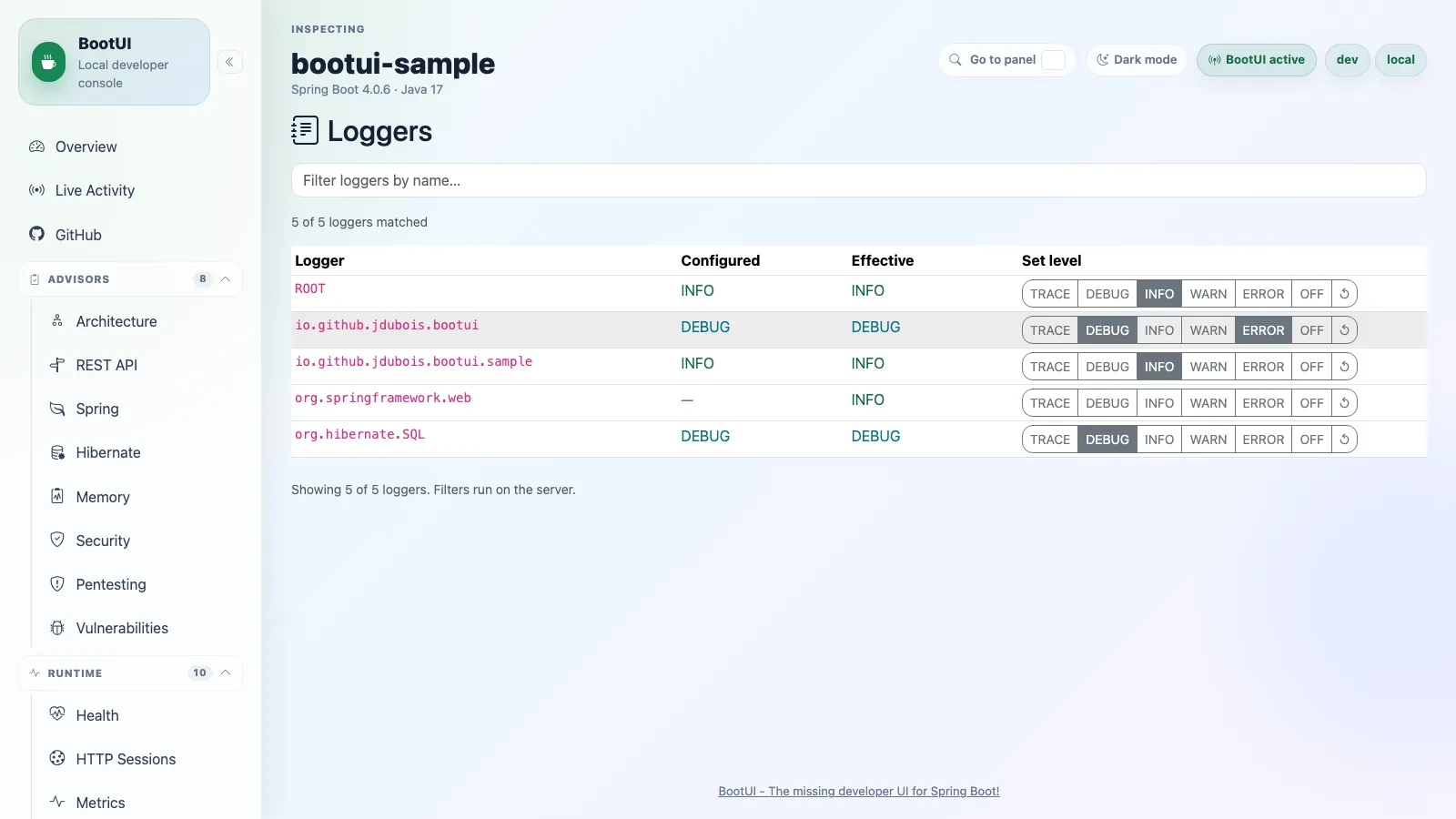 BootUI Loggers panel