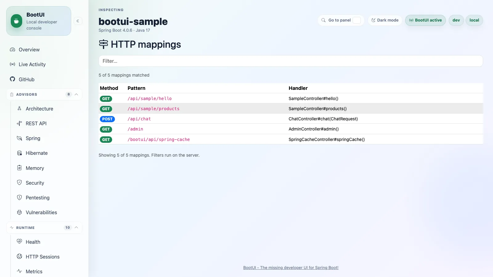 BootUI Mappings panel
