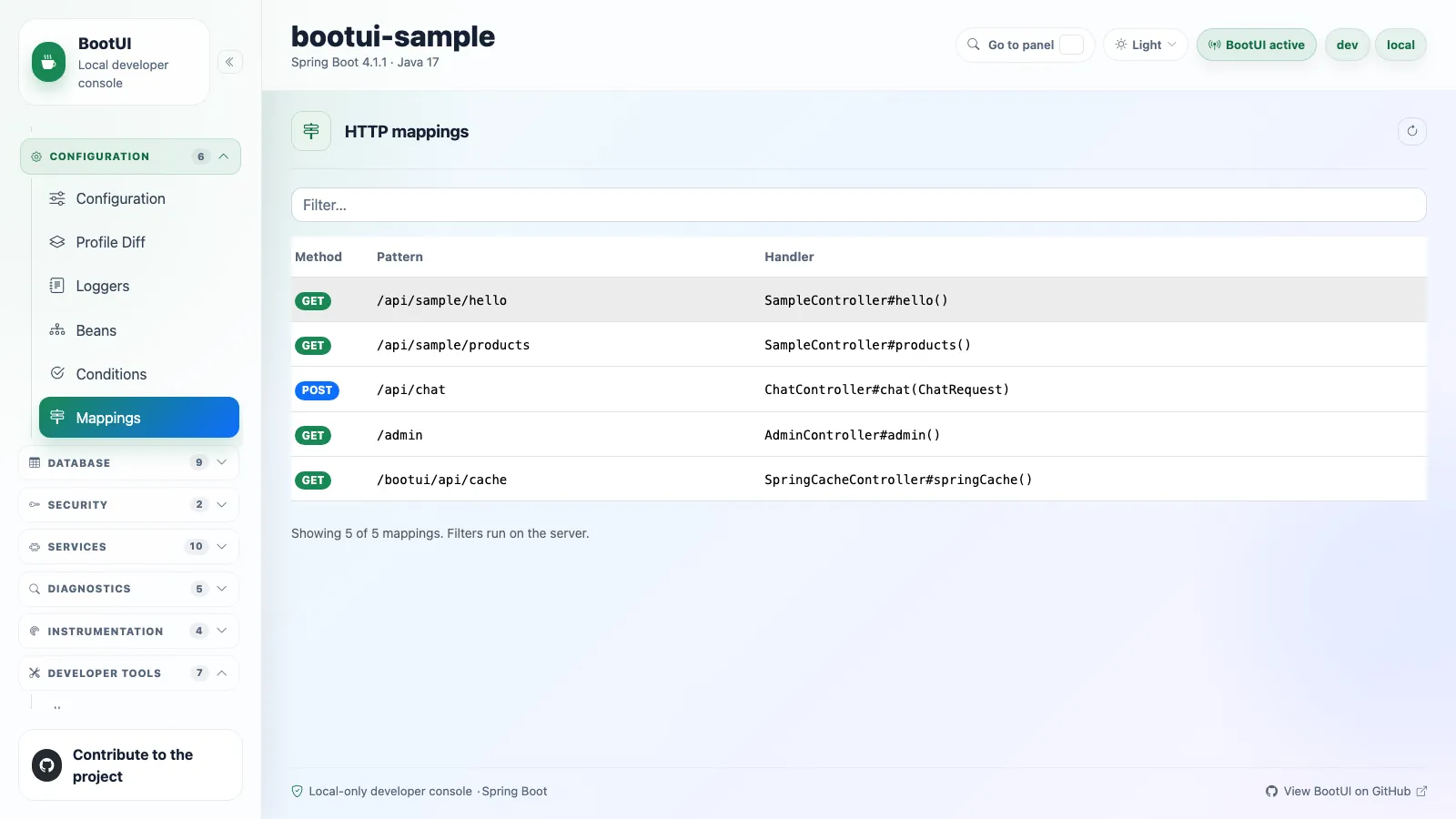 BootUI Mappings panel
