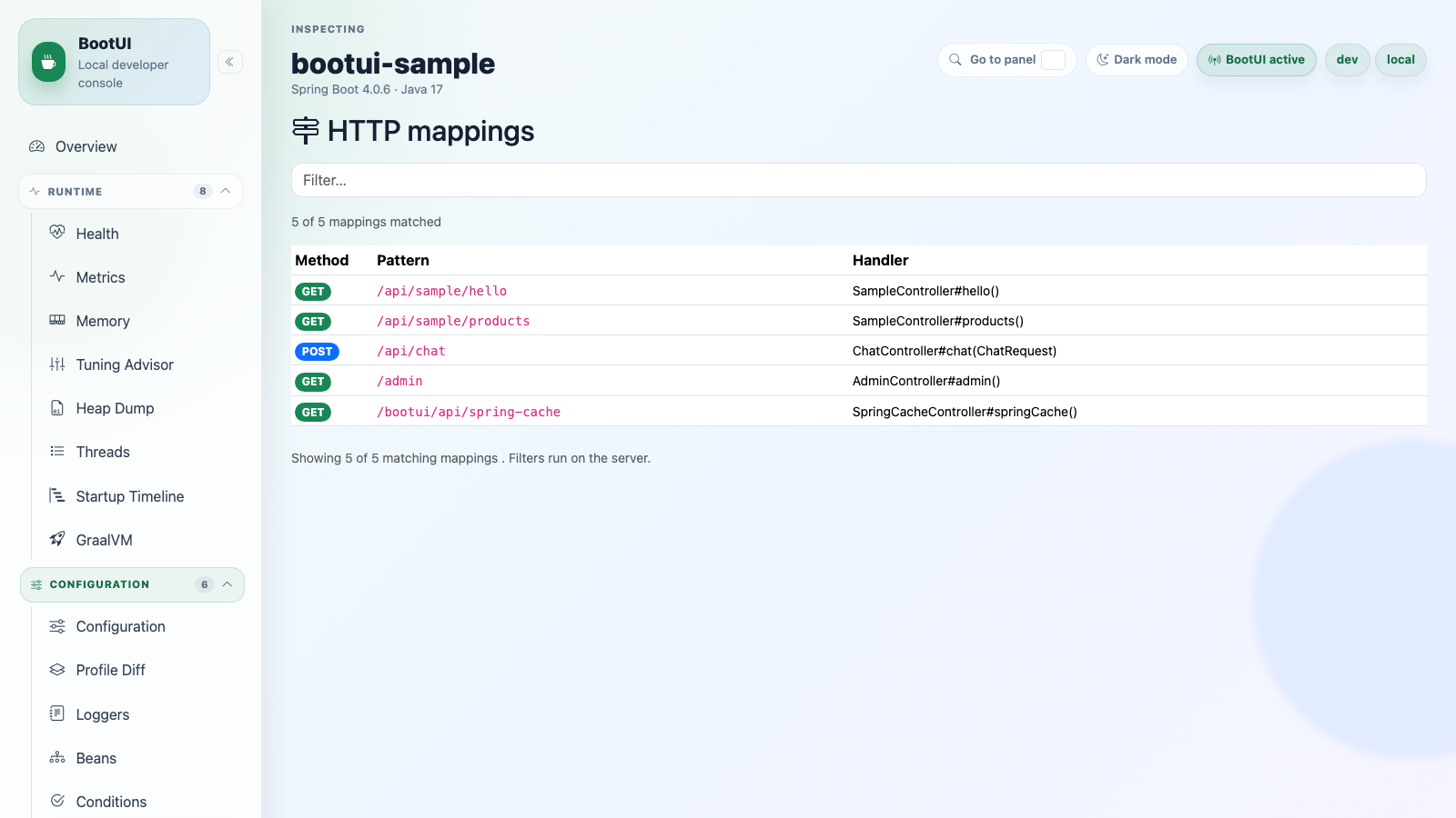 BootUI Mappings panel