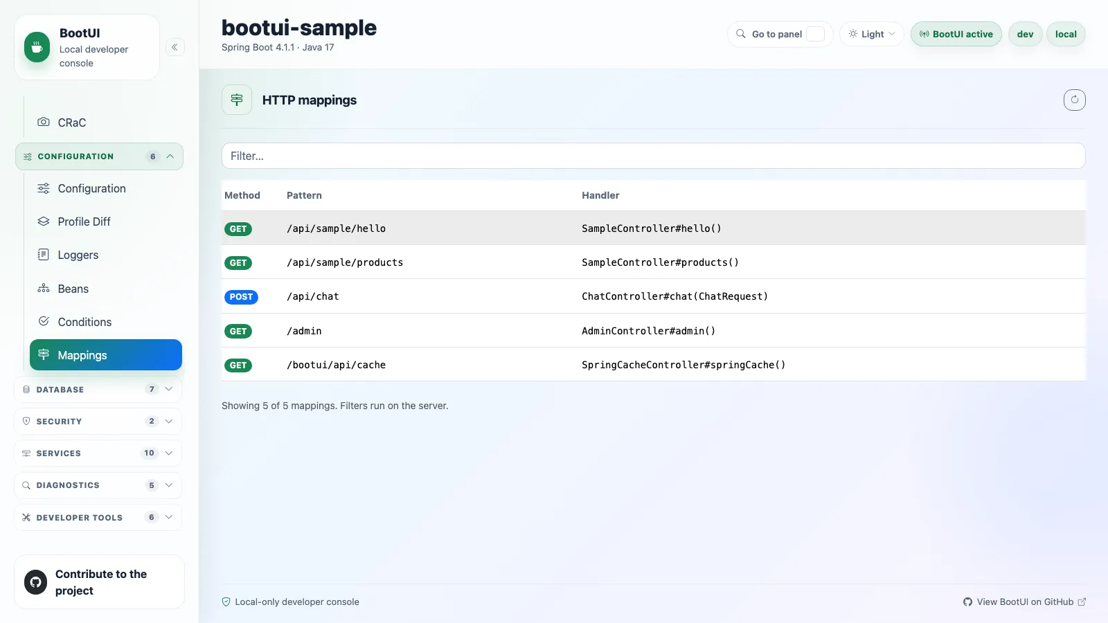 BootUI Mappings panel