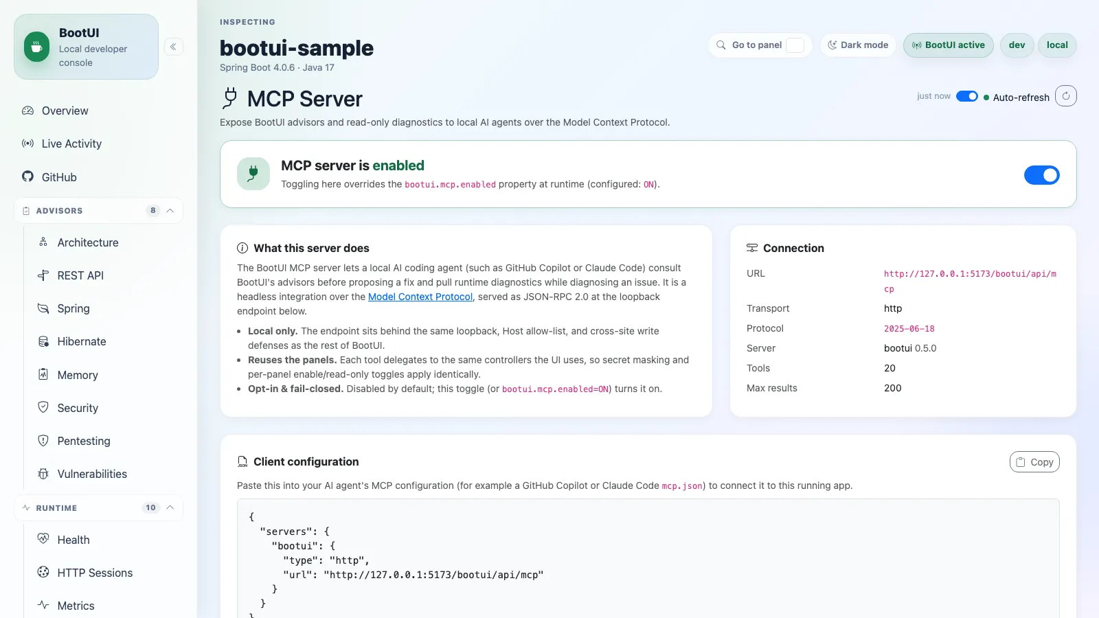 BootUI MCP Server panel