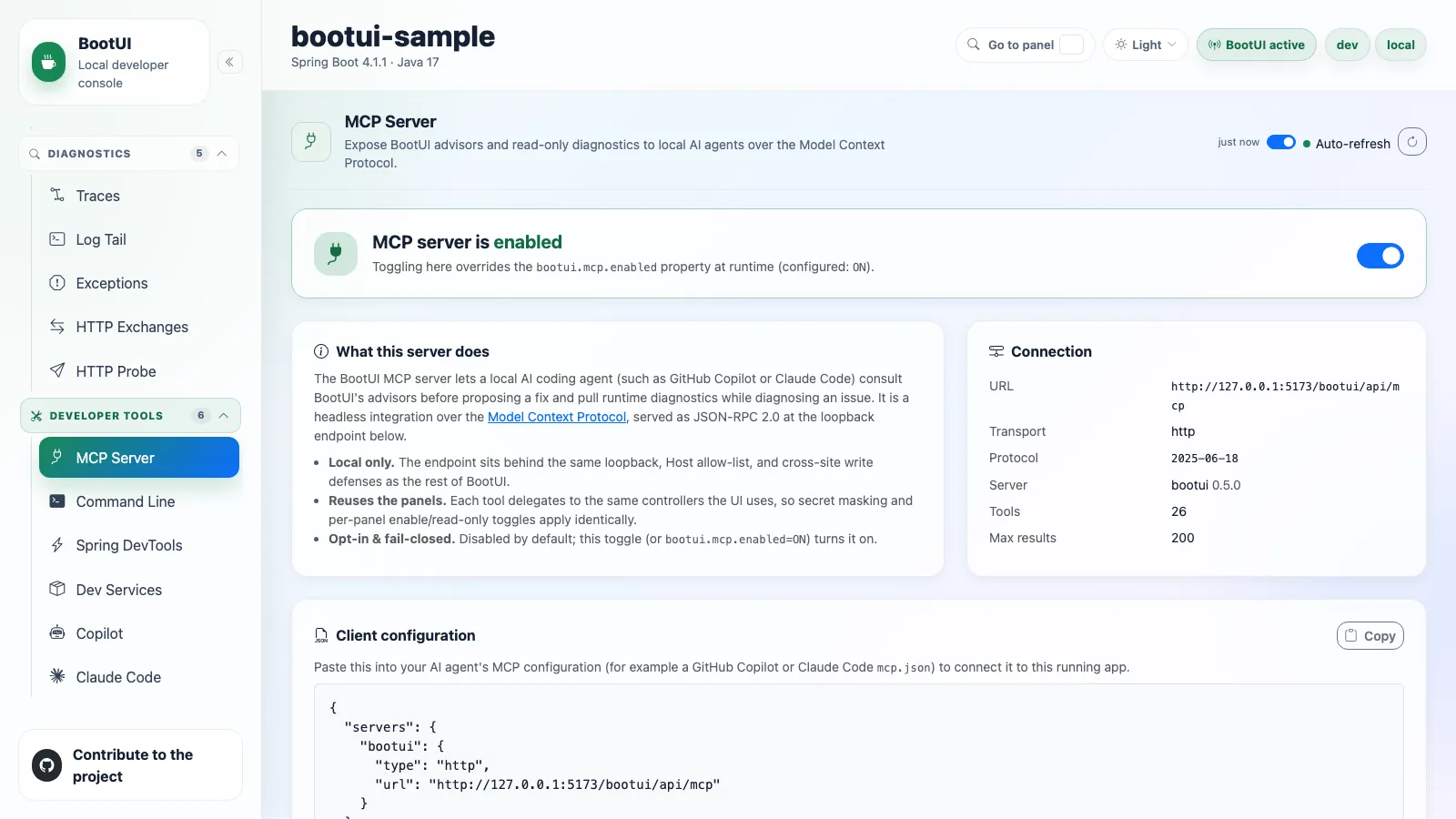 BootUI MCP Server panel