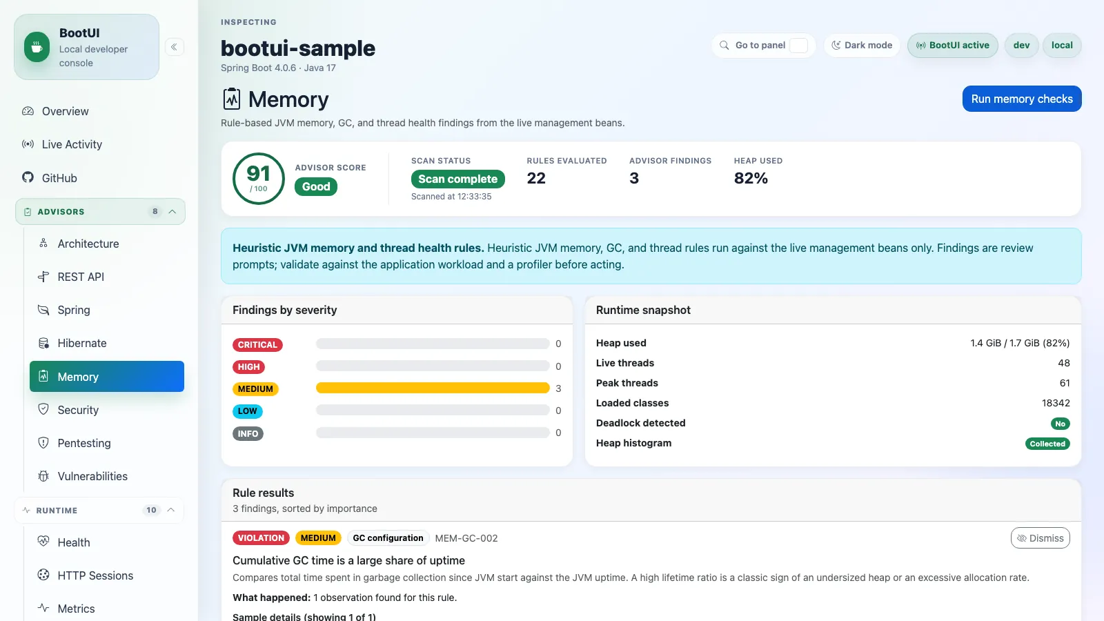 BootUI Memory panel