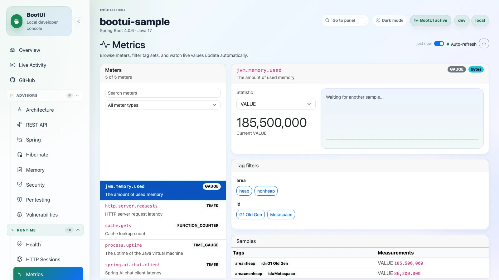 BootUI Metrics panel