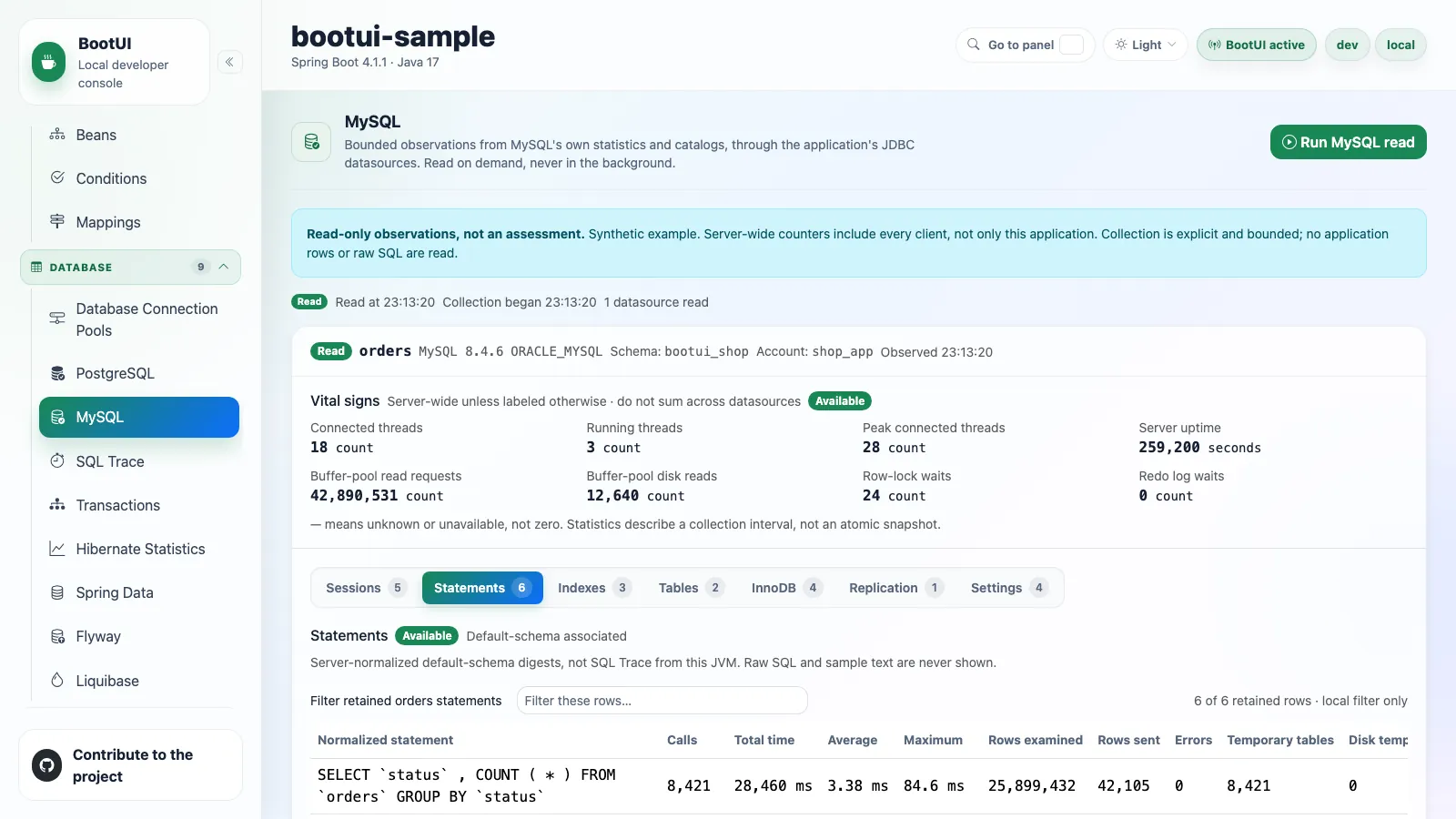BootUI MySQL panel