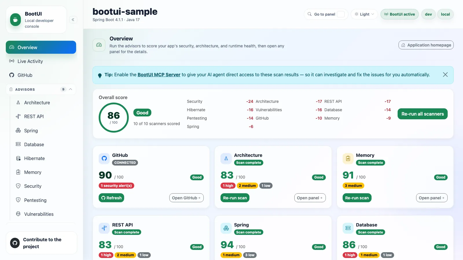 BootUI Overview panel