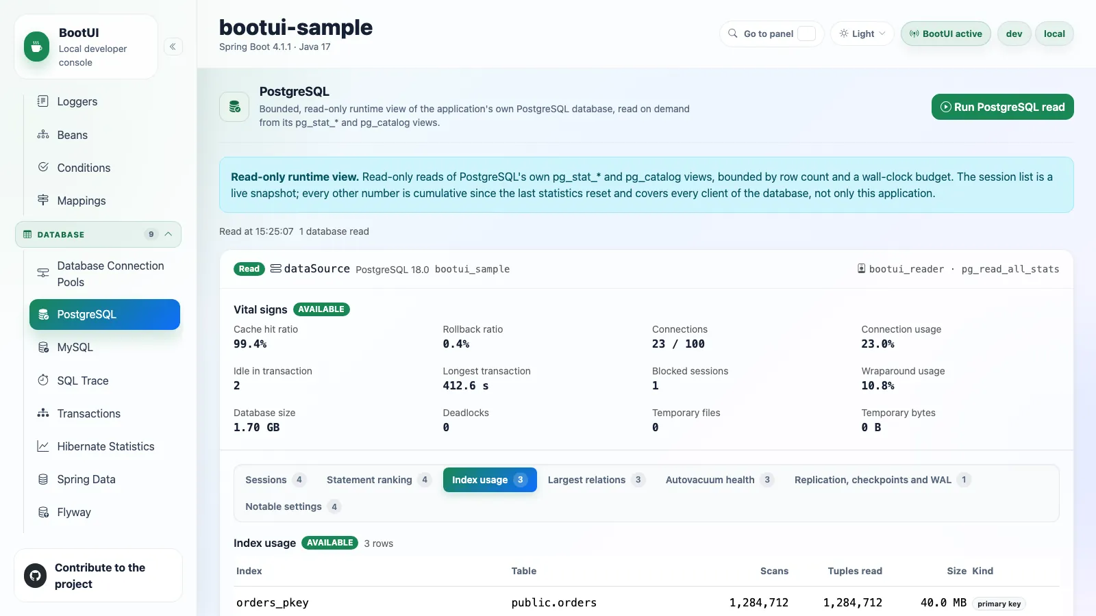 BootUI PostgreSQL panel