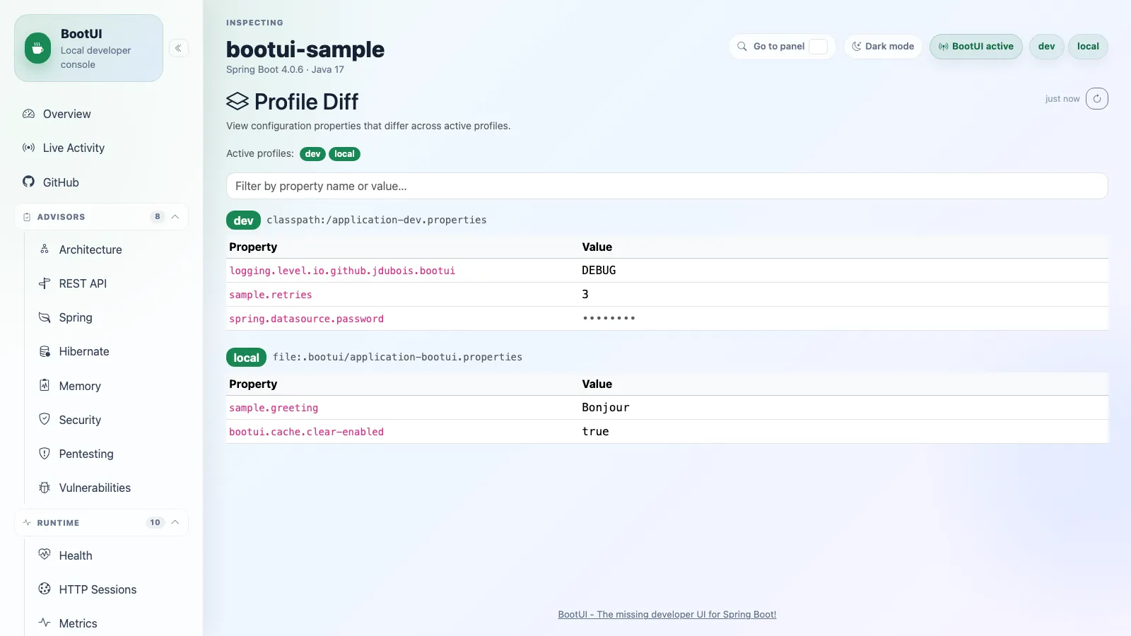 BootUI Profile Diff panel