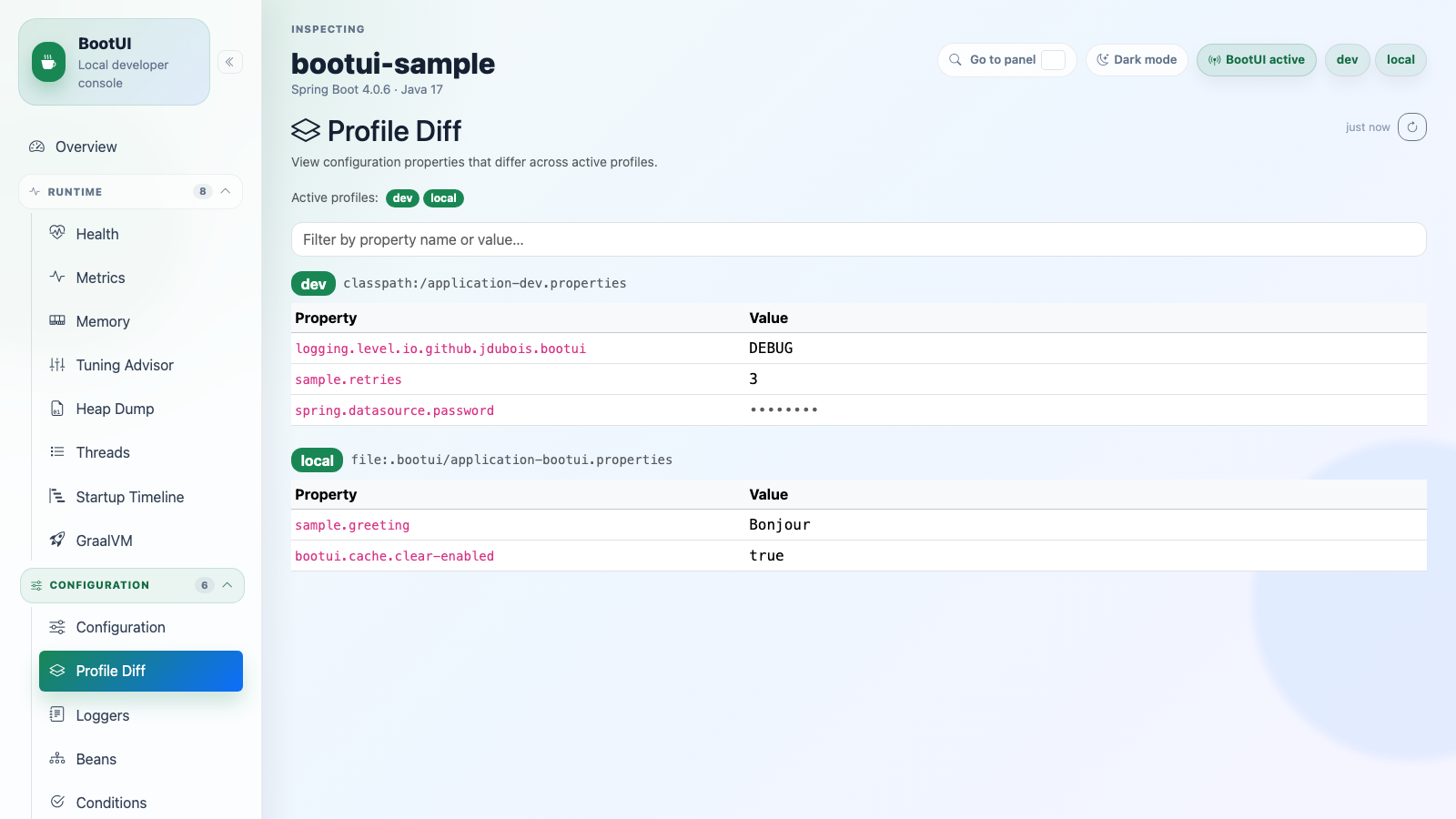 BootUI Profile Diff panel