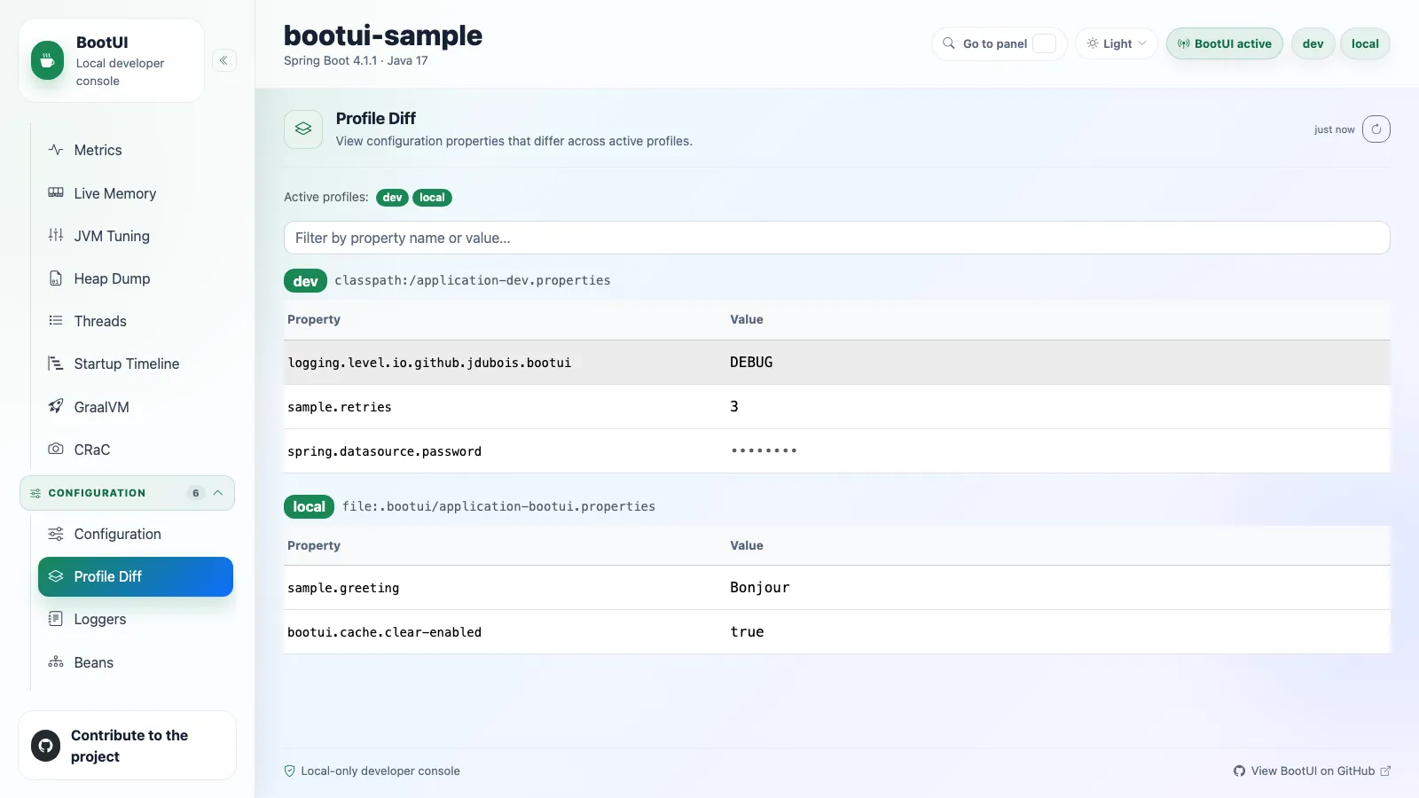 BootUI Profile Diff panel
