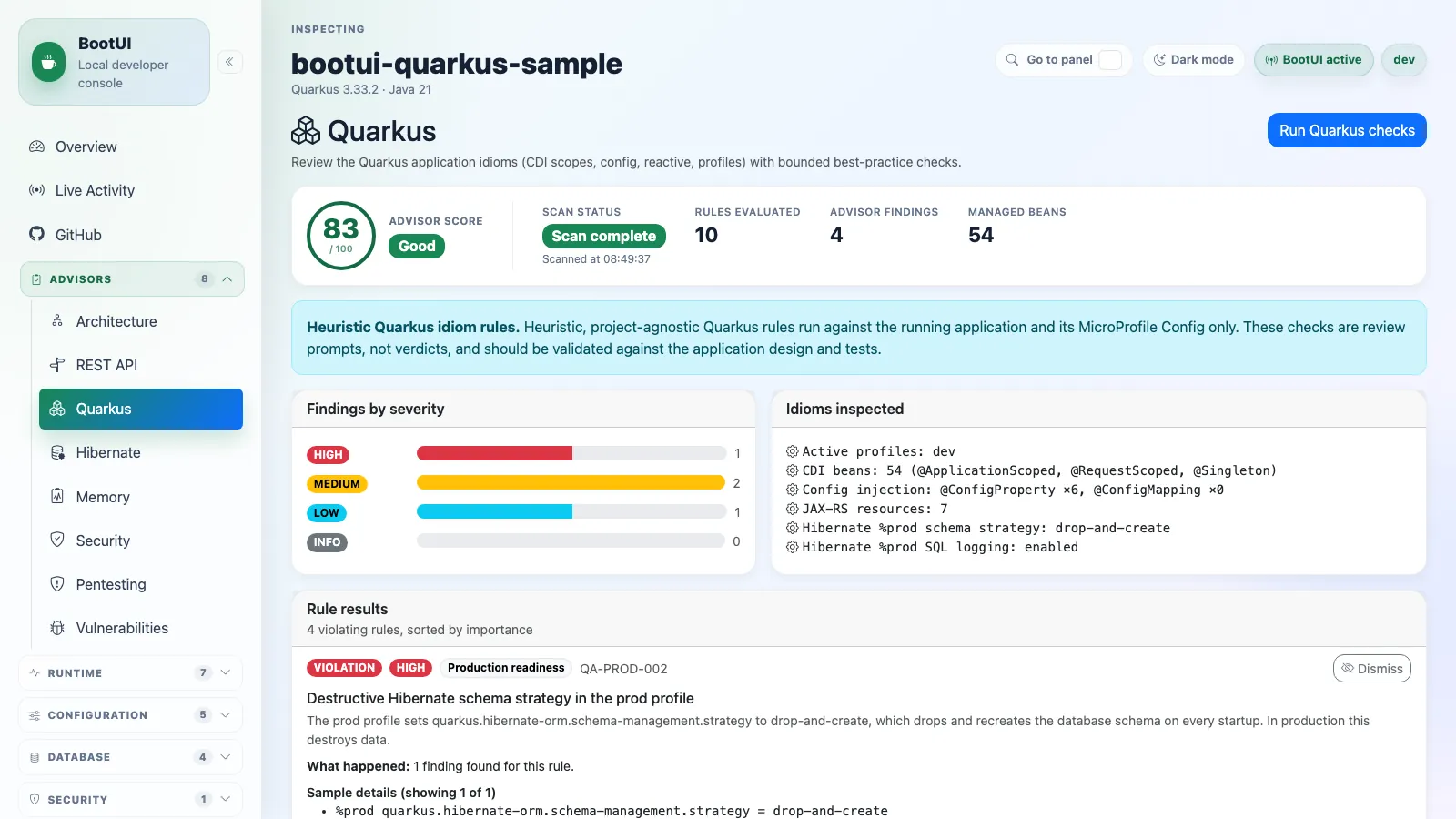 BootUI Quarkus panel