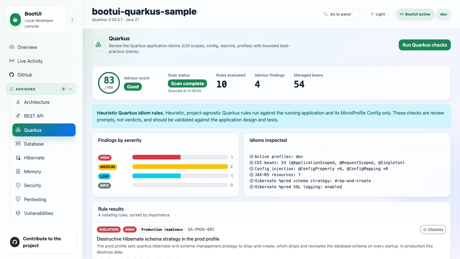 BootUI Quarkus panel