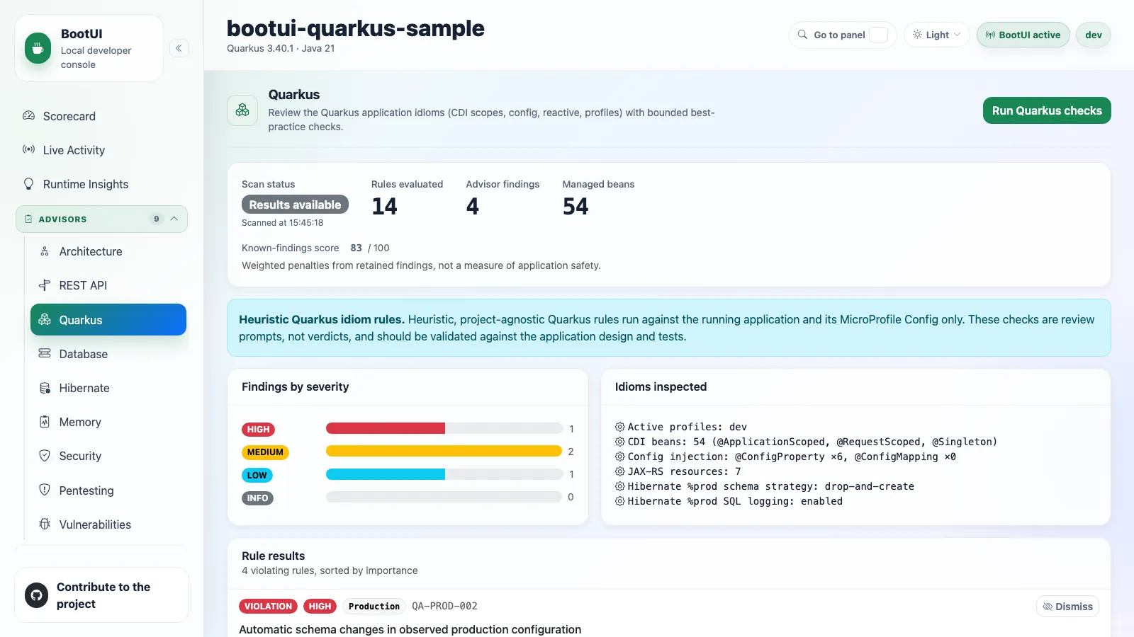 BootUI Quarkus panel