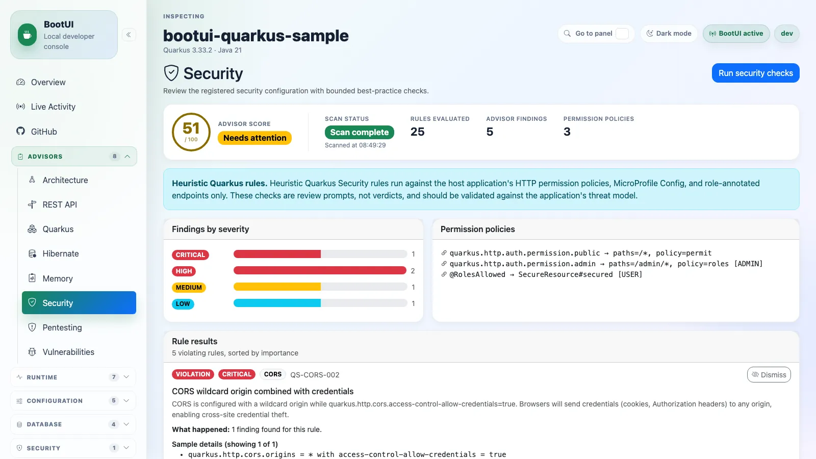 BootUI Security panel — Quarkus Security