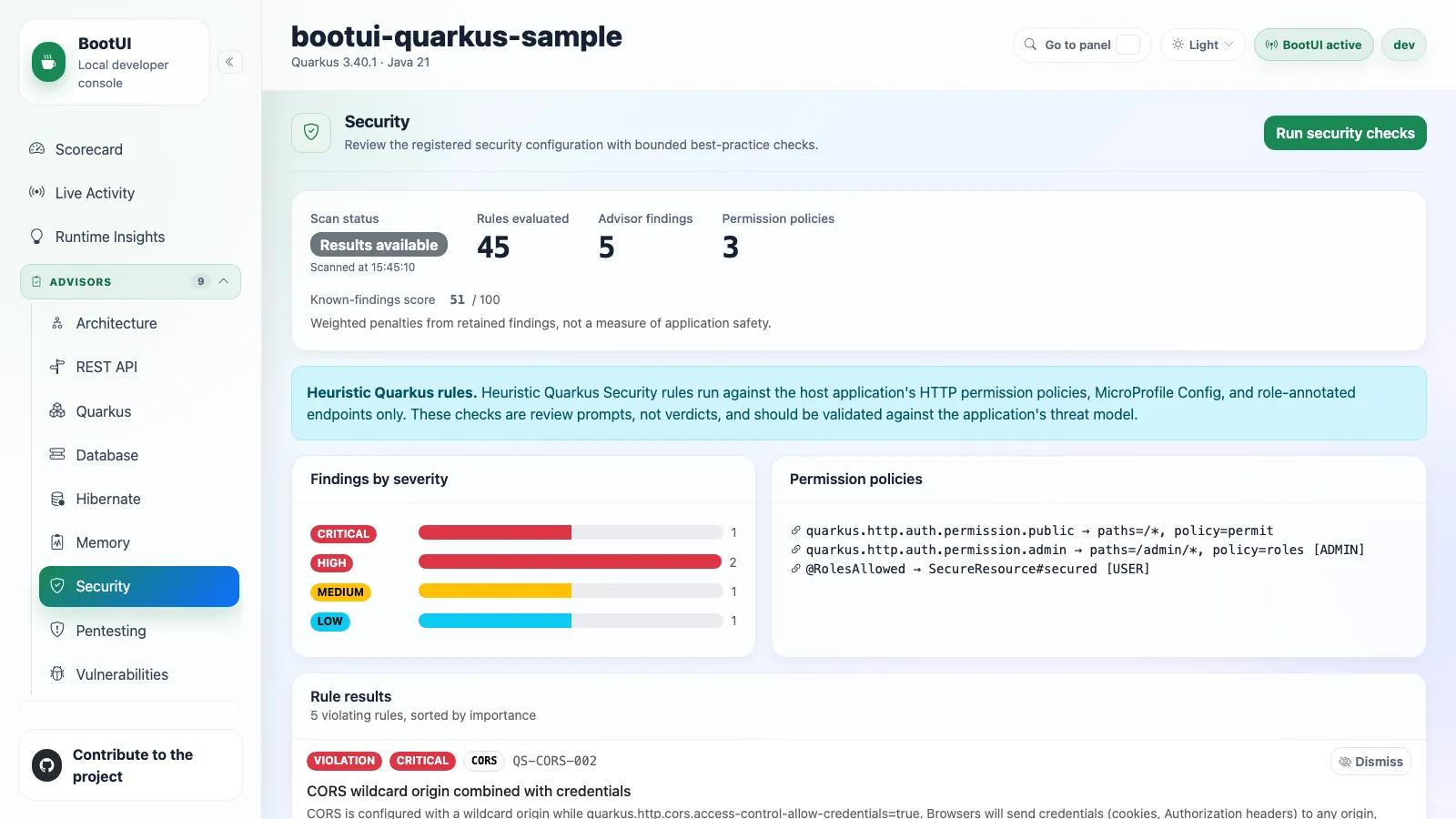 BootUI Security panel — Quarkus Security