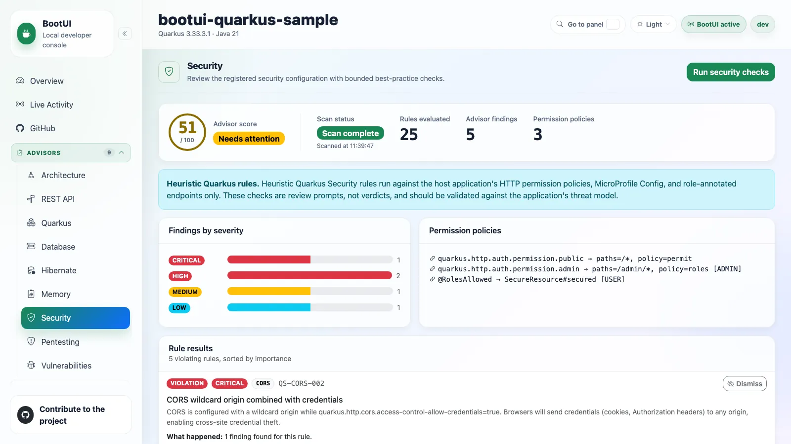 BootUI Security panel — Quarkus Security
