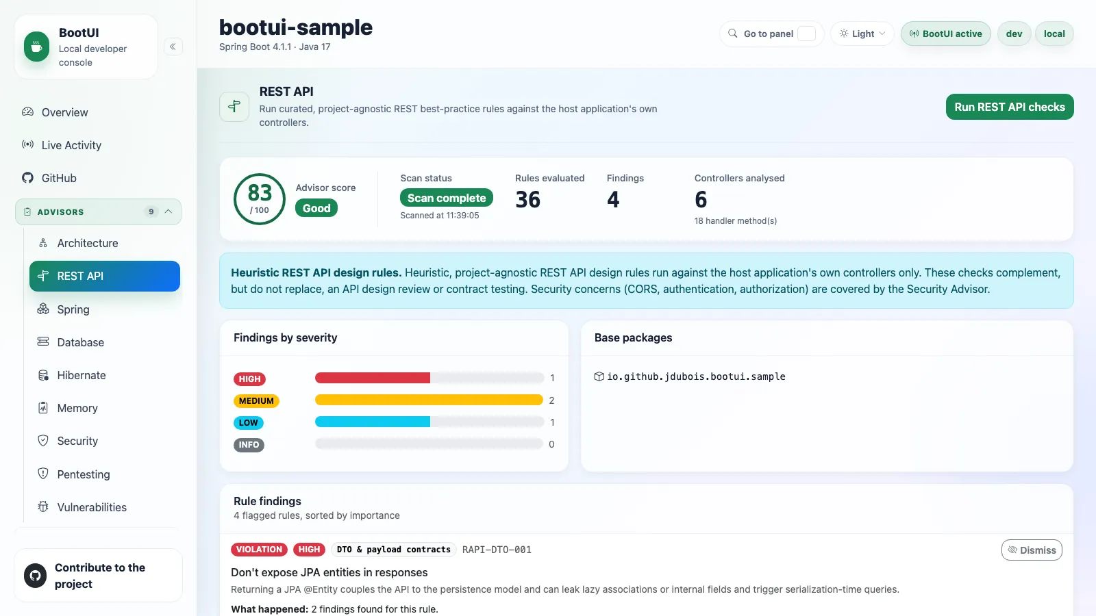 BootUI REST API panel
