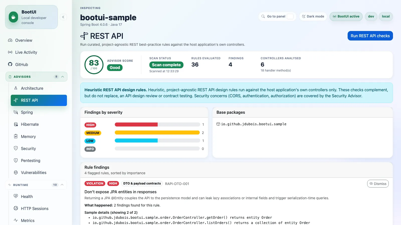 BootUI REST API panel