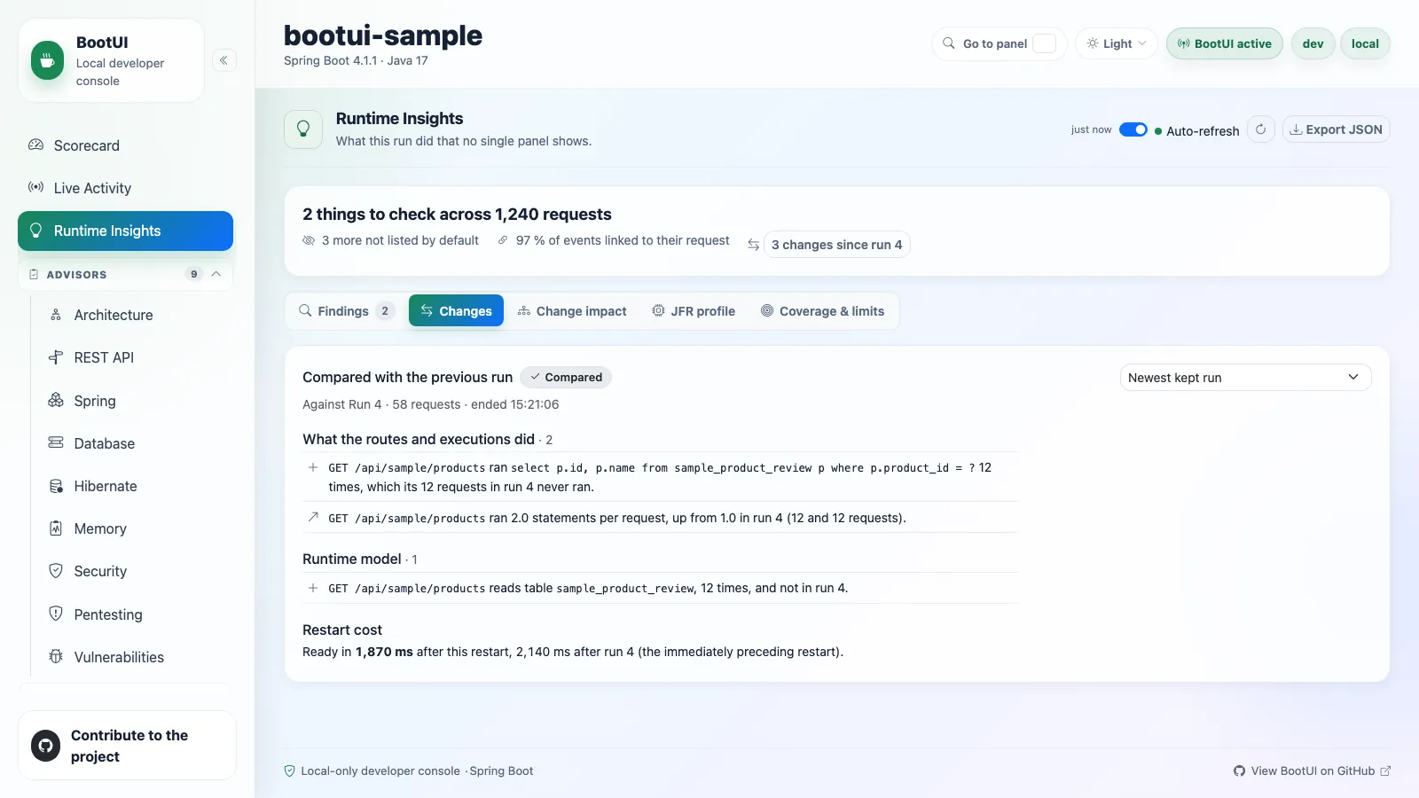 Run comparison with route and execution behavior and an explicitly adjacent restart
