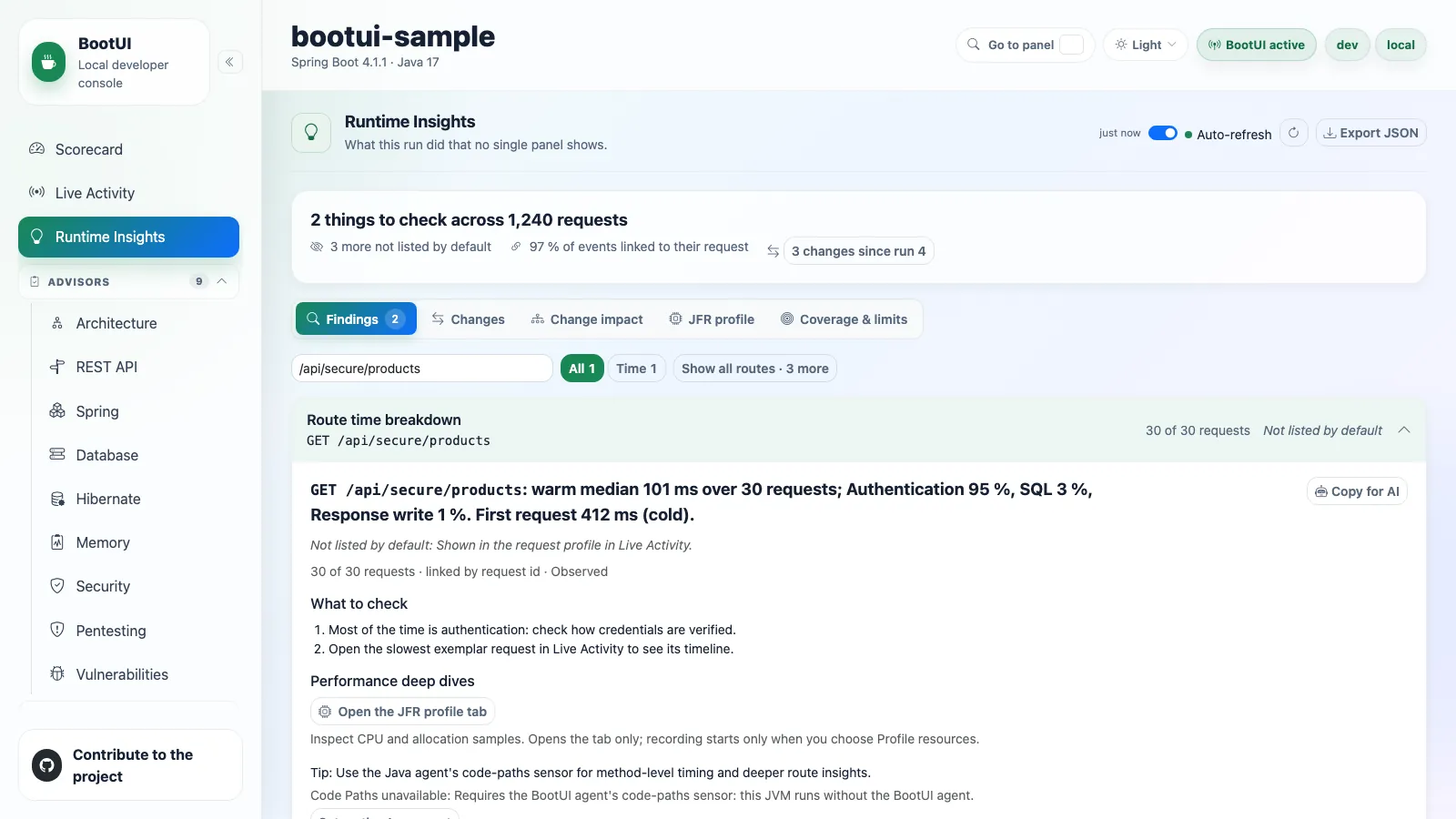 Runtime Insights: a route's warm requests split into authentication, SQL, and response write, with explicit performance deep dives