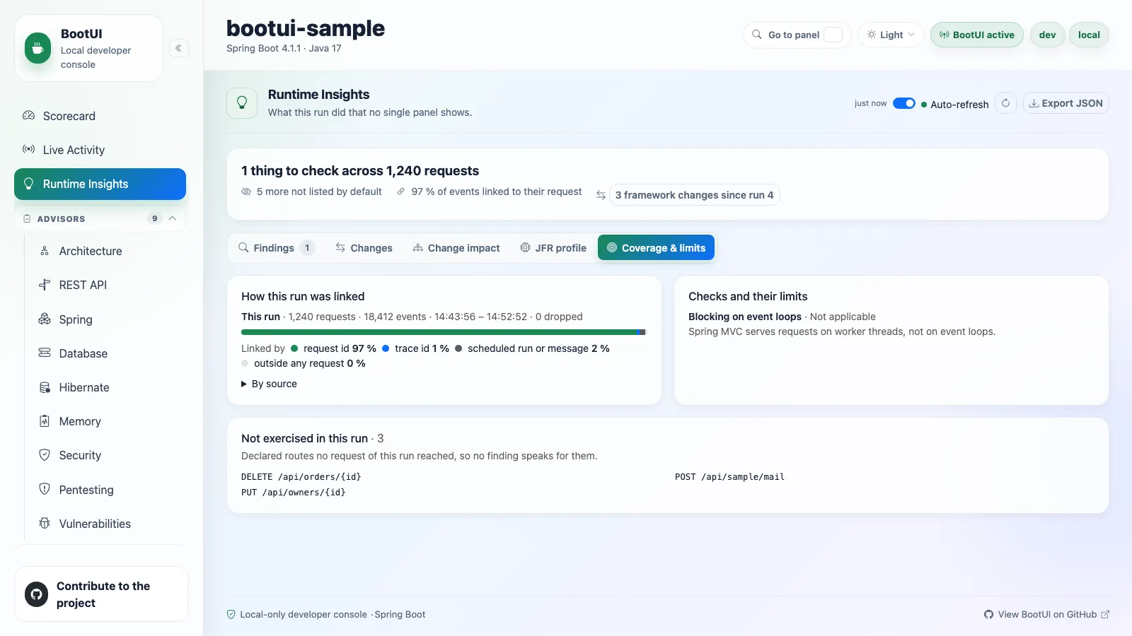 Runtime Insights, Coverage & limits tab: how the run's events were linked, the checks that did not fully run, and the routes no request reached