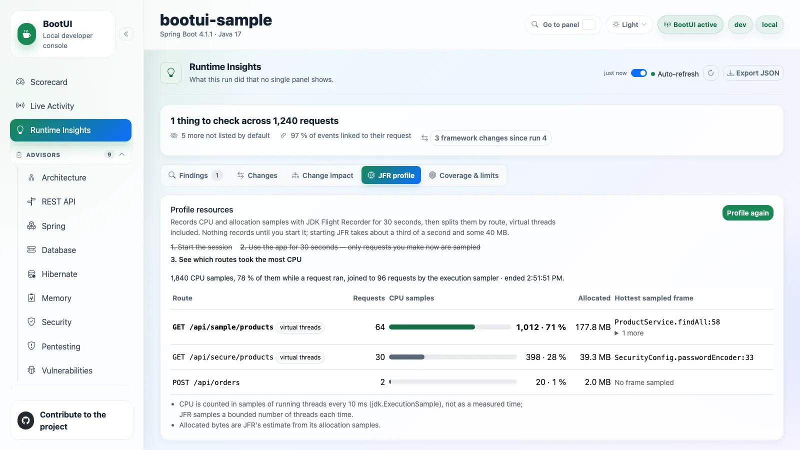 Runtime Insights, JFR profile tab: CPU samples and allocation per route, with the hottest sampled frame