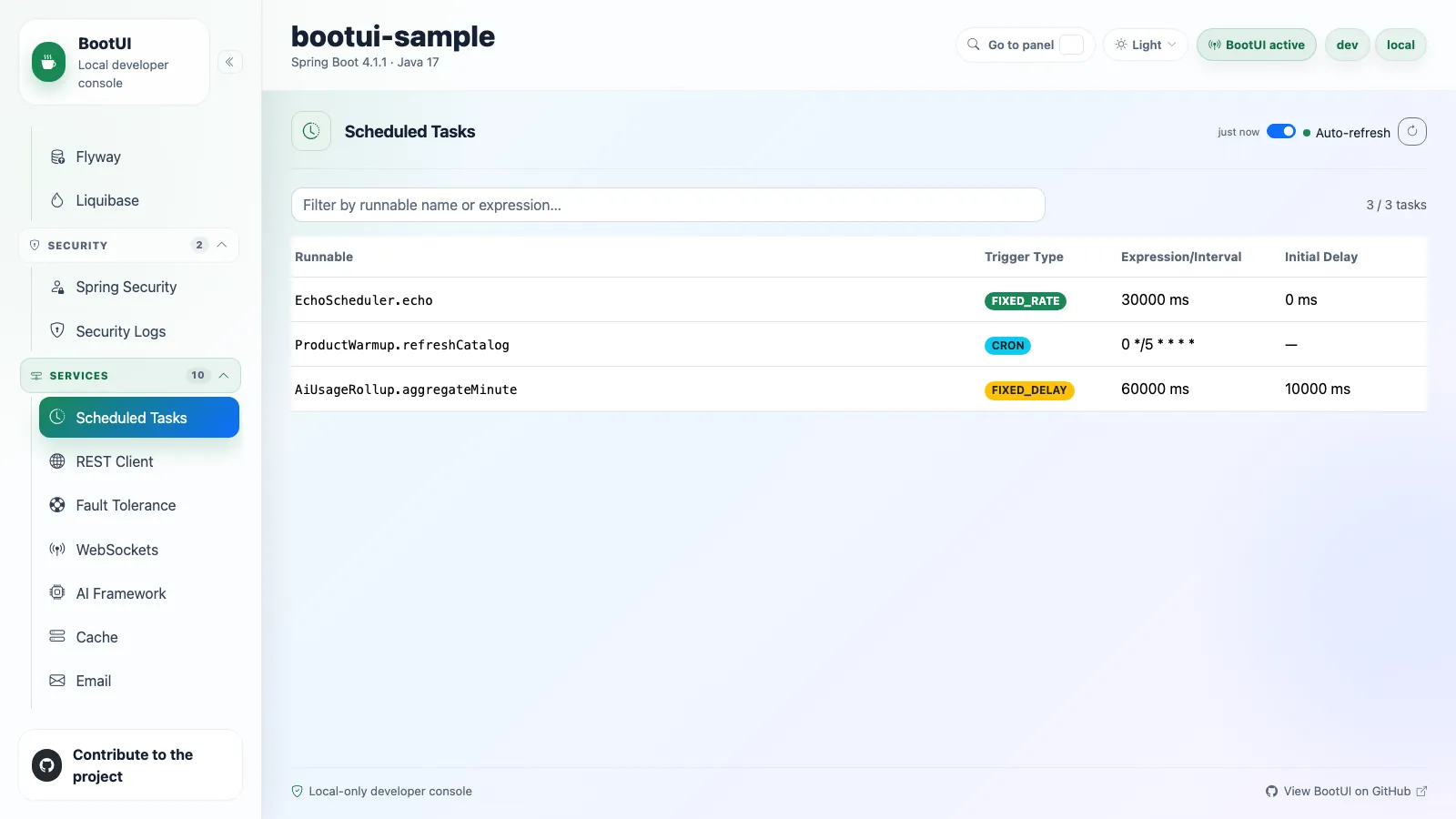 BootUI Scheduled Tasks panel