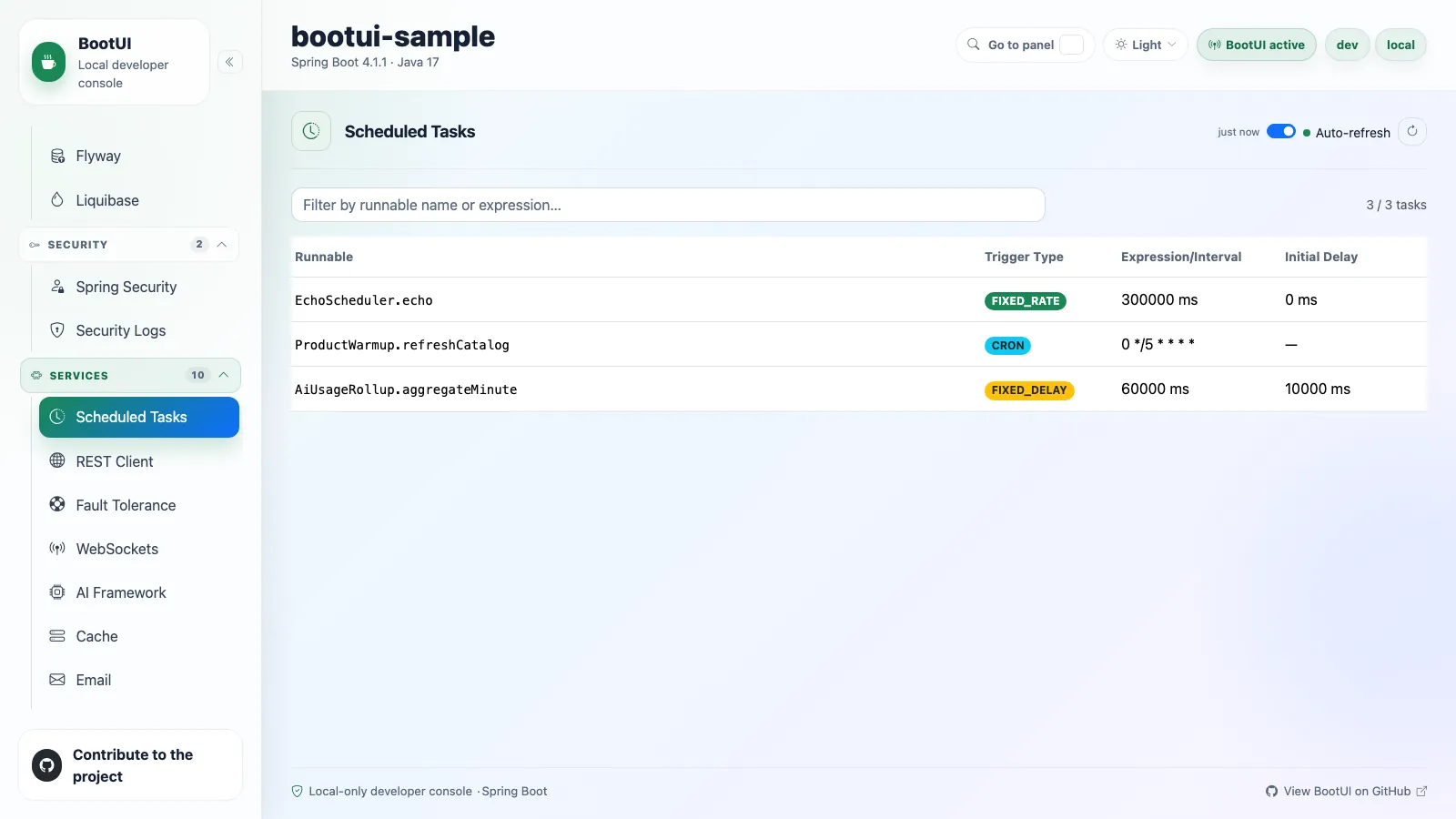 BootUI Scheduled Tasks panel