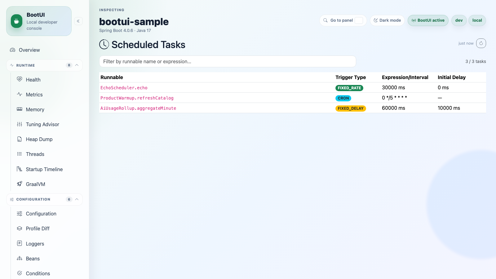 BootUI Scheduled Tasks panel