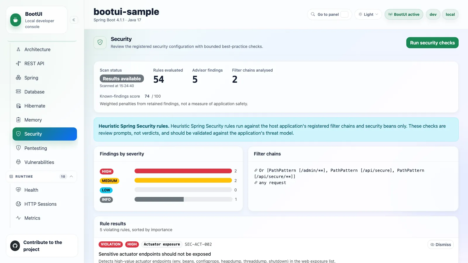 BootUI Security panel — Spring Security