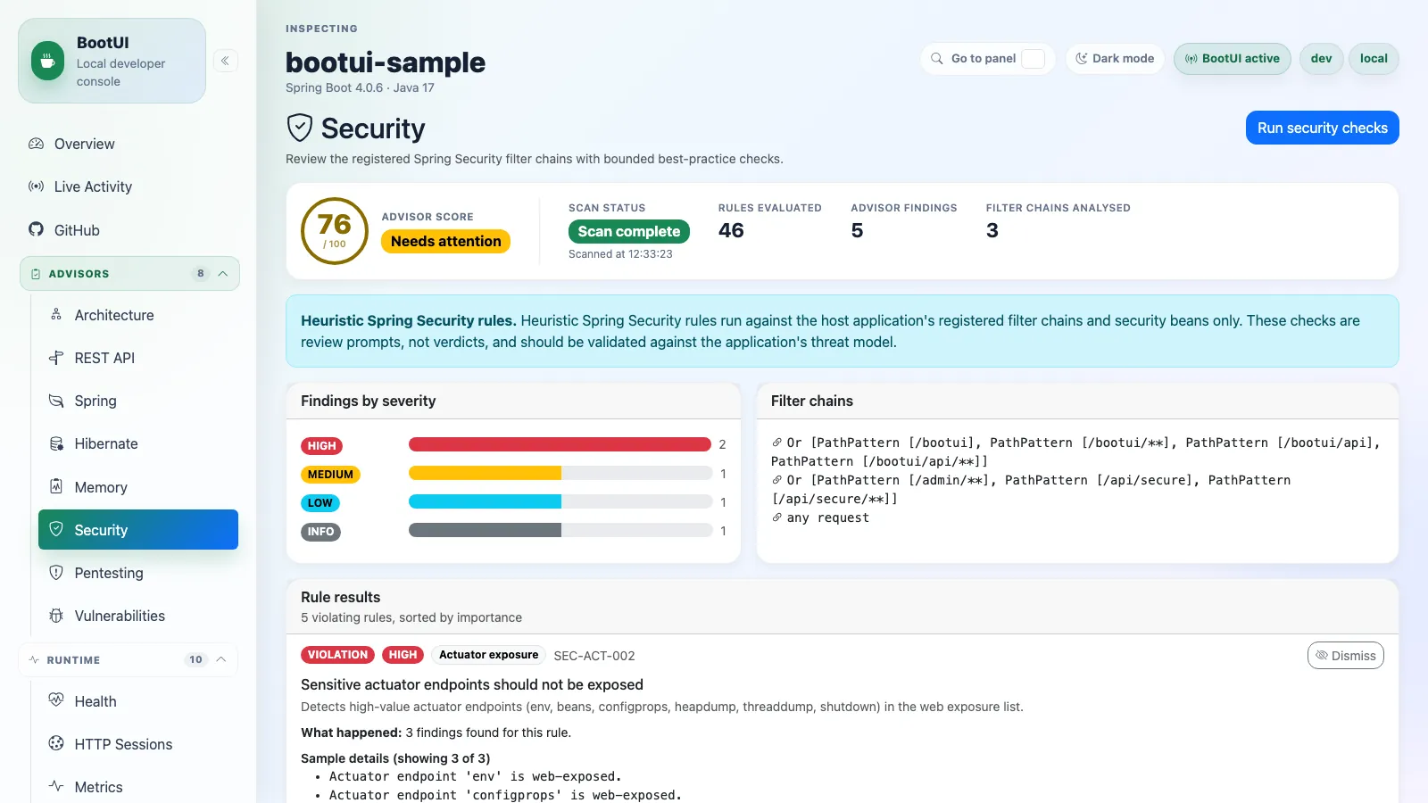 BootUI Security panel — Spring Security