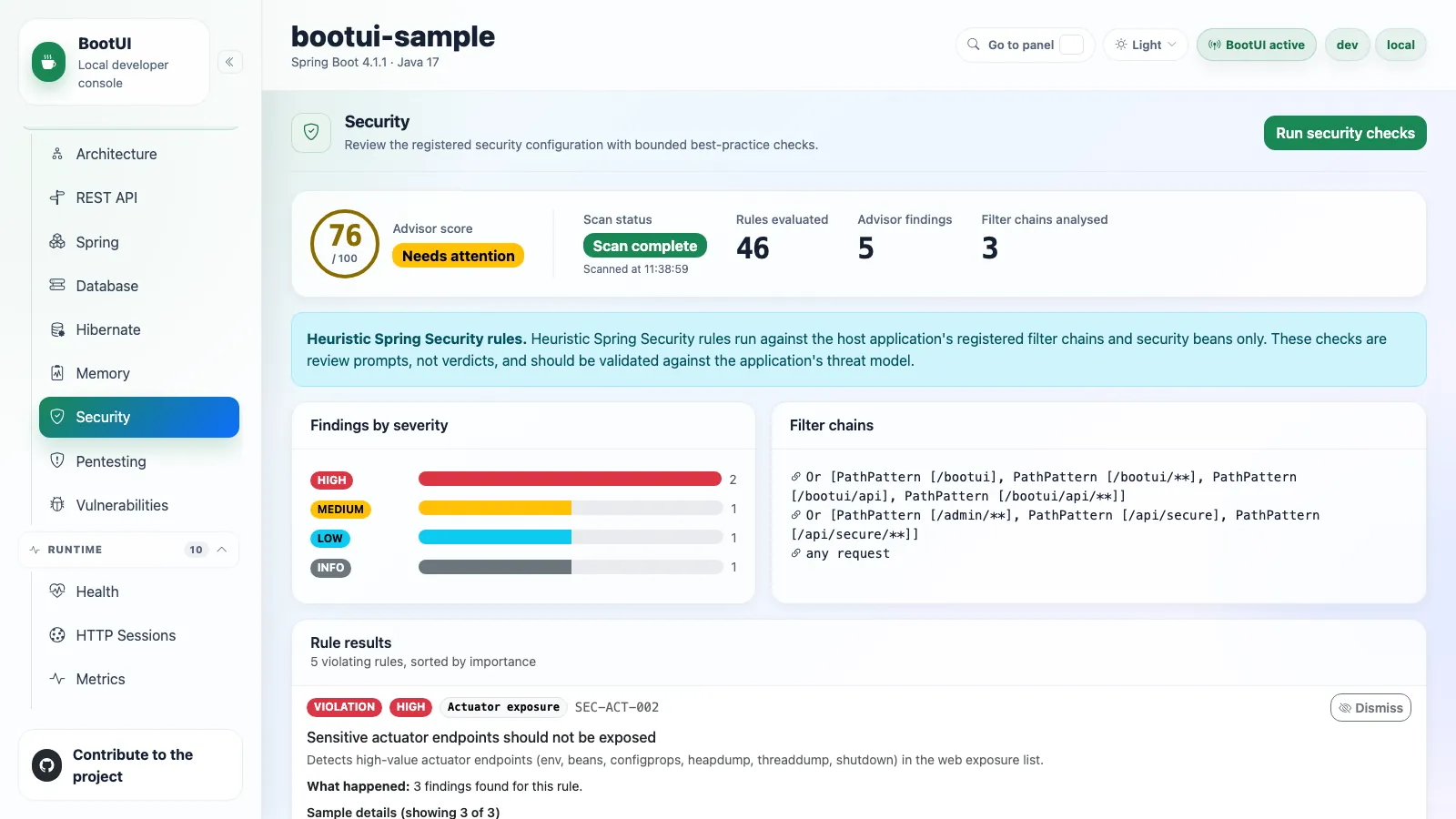 BootUI Security panel — Spring Security