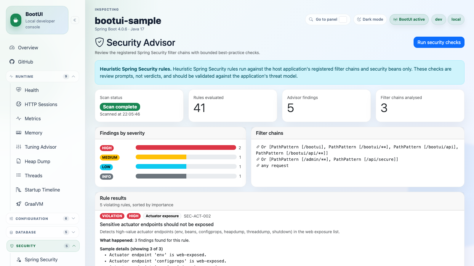 BootUI Security Advisor panel