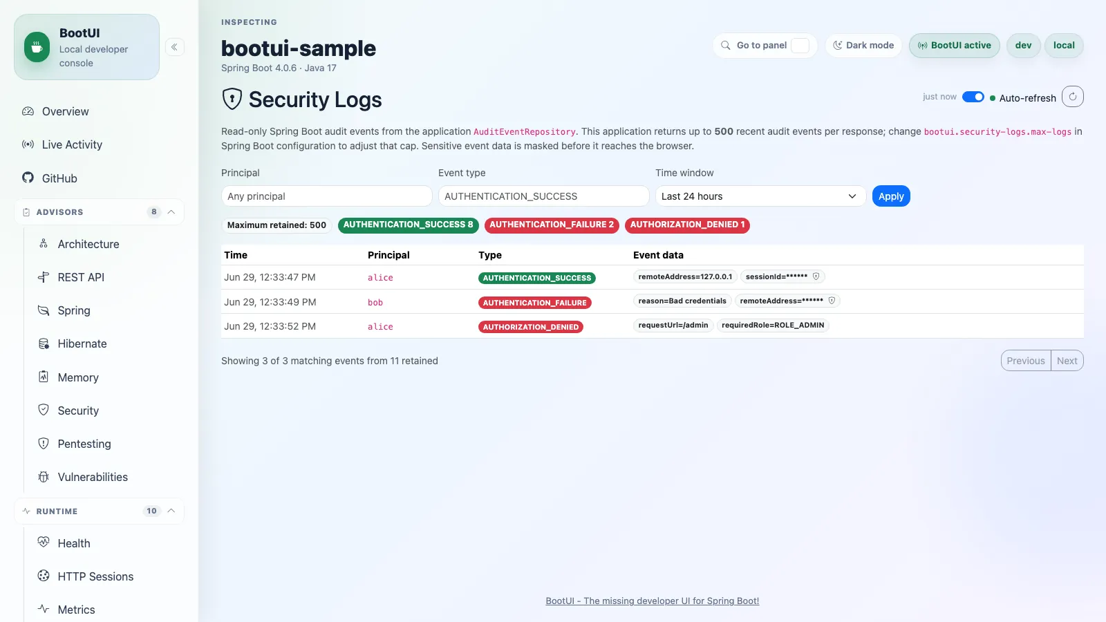 BootUI Security Logs panel