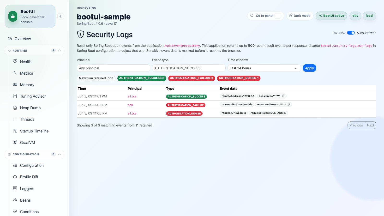 BootUI Security Logs panel