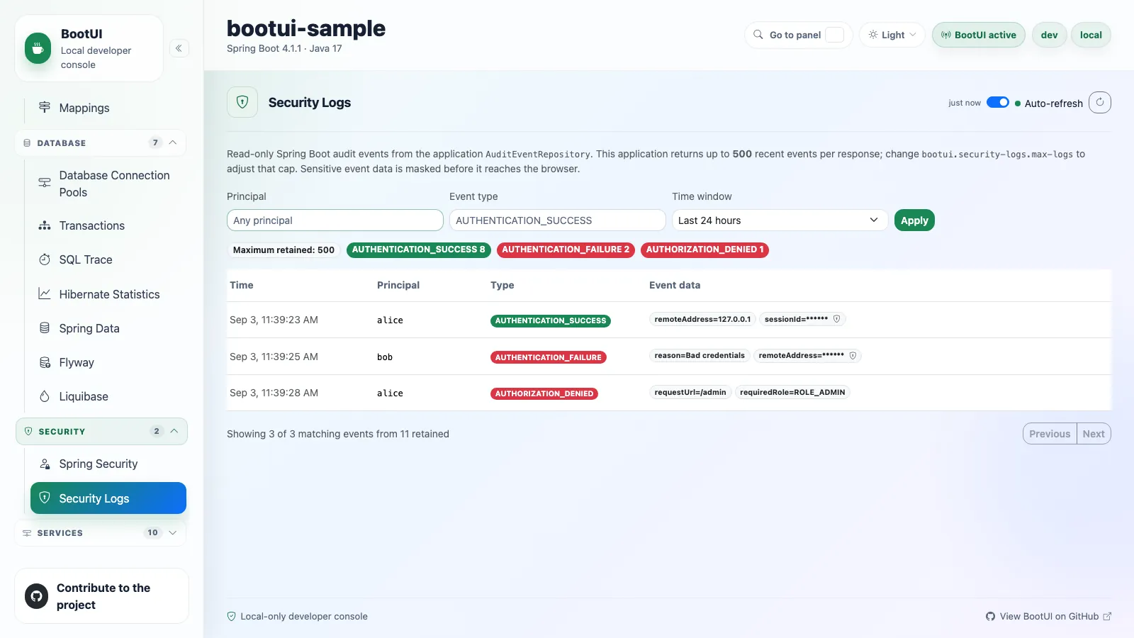 BootUI Security Logs panel