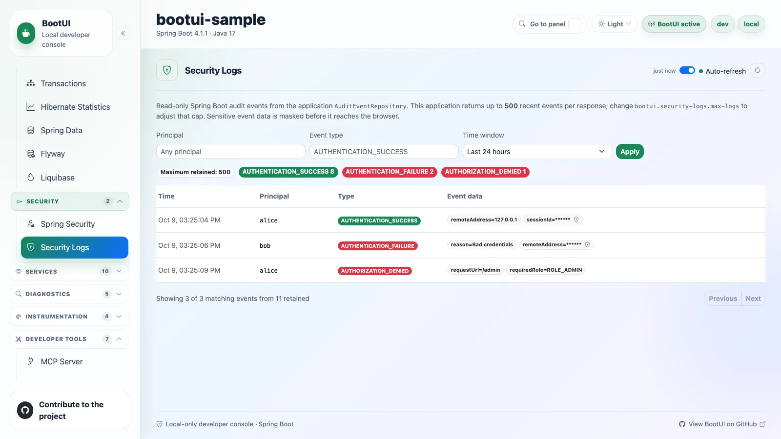BootUI Security Logs panel