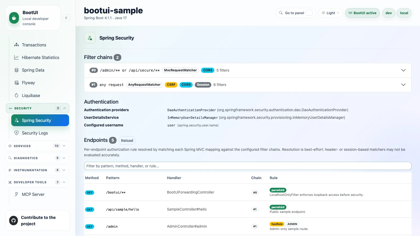 BootUI Spring Security panel