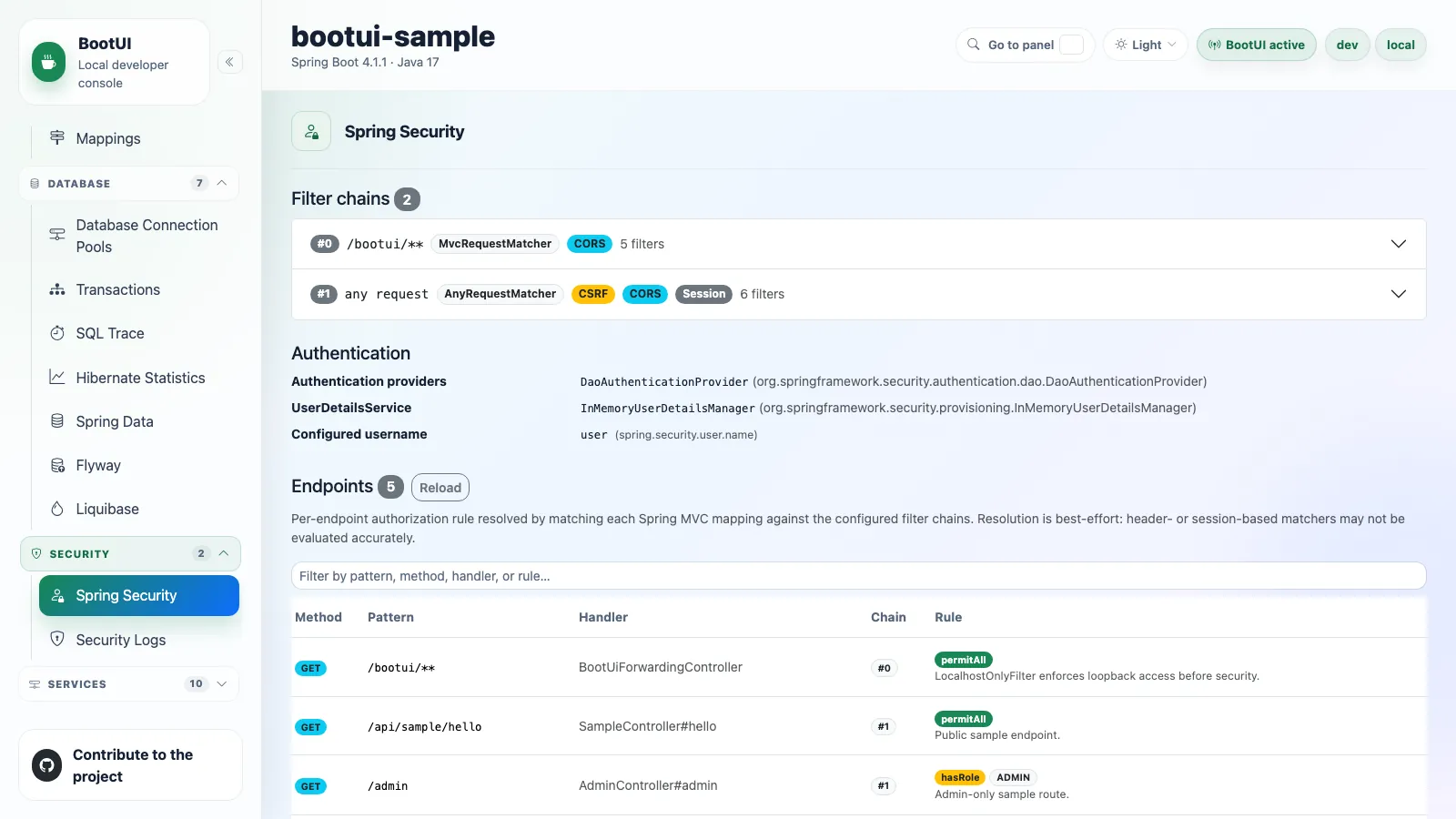 BootUI Spring Security panel