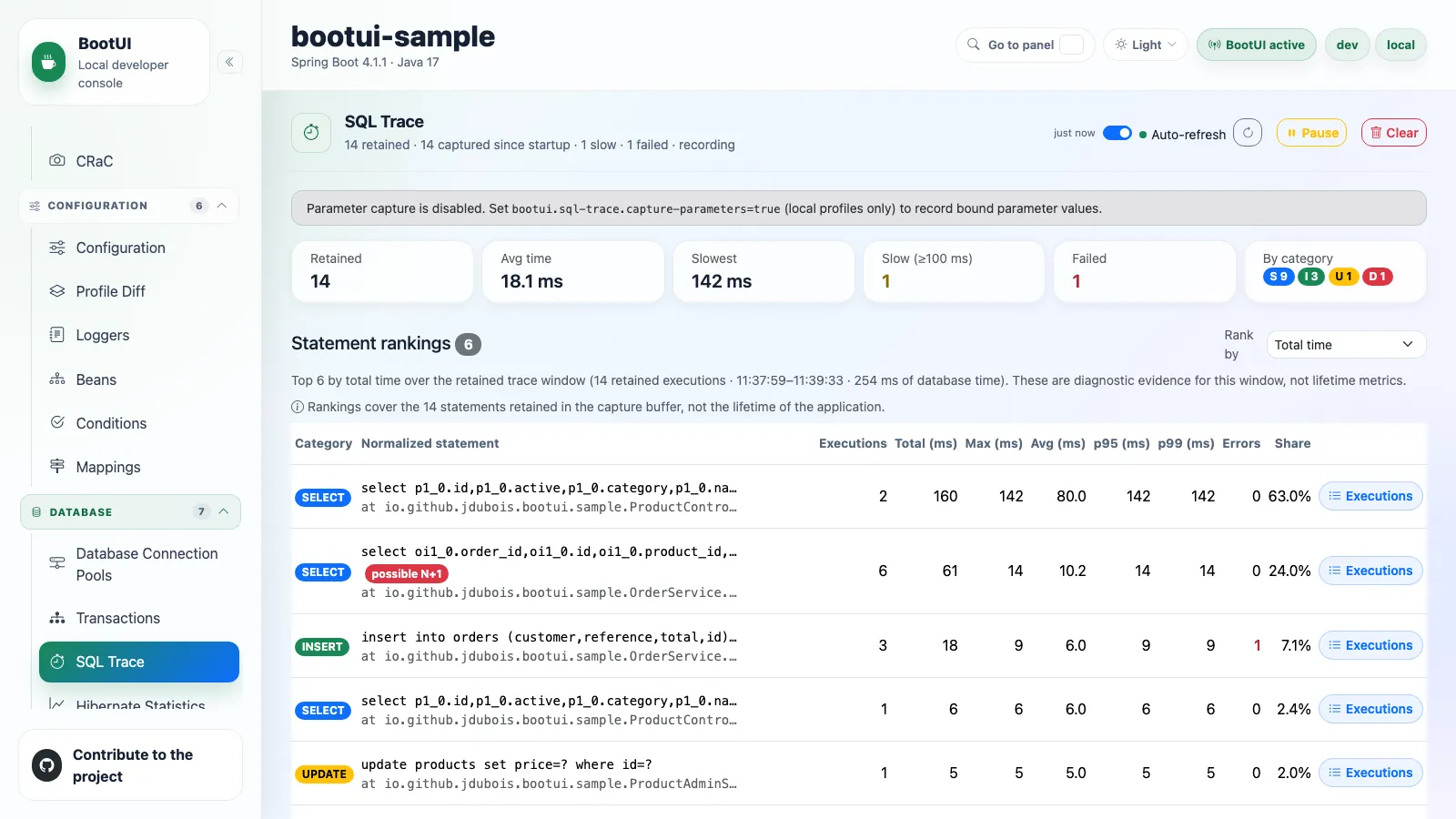 BootUI SQL Trace panel
