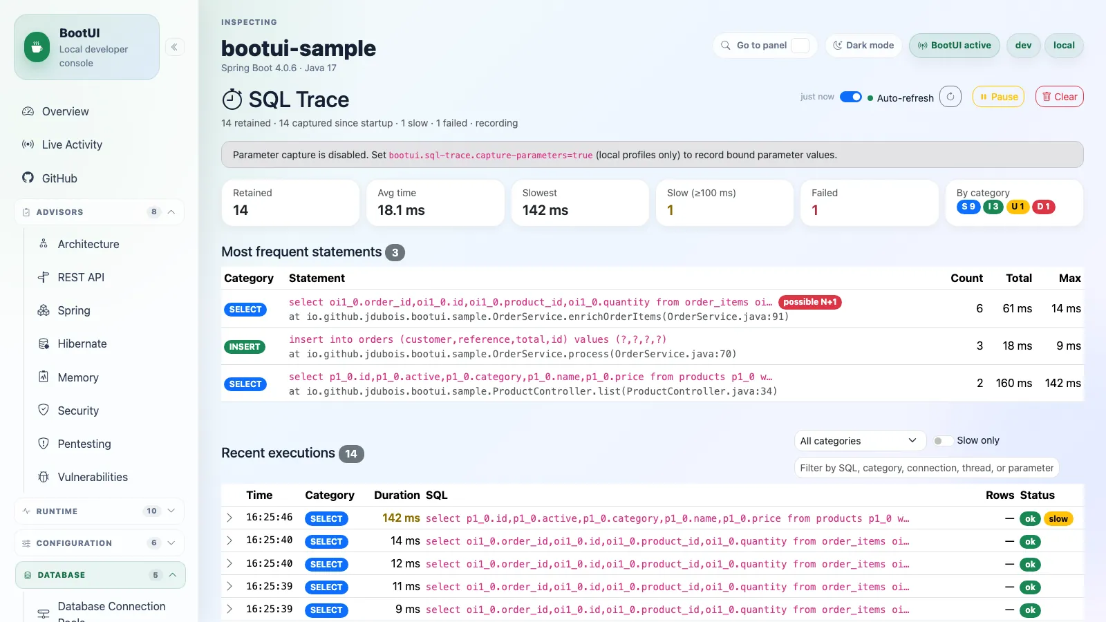 BootUI SQL Trace panel