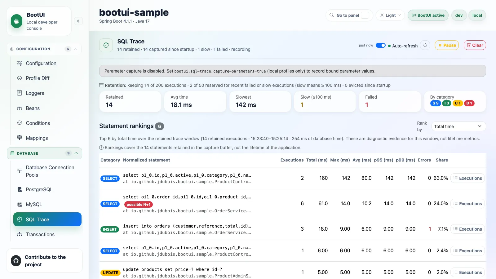 BootUI SQL Trace panel