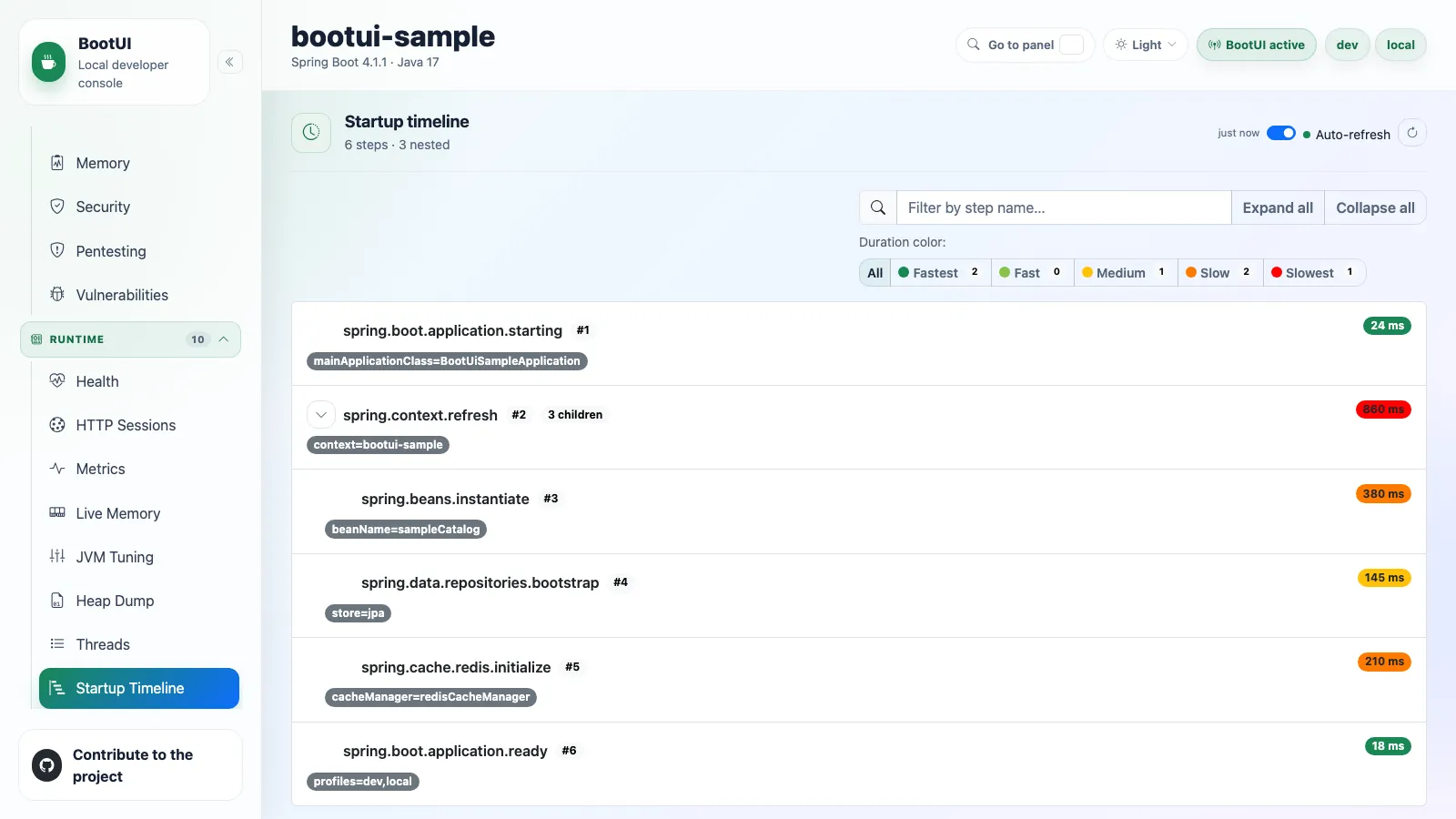 BootUI Startup Timeline panel