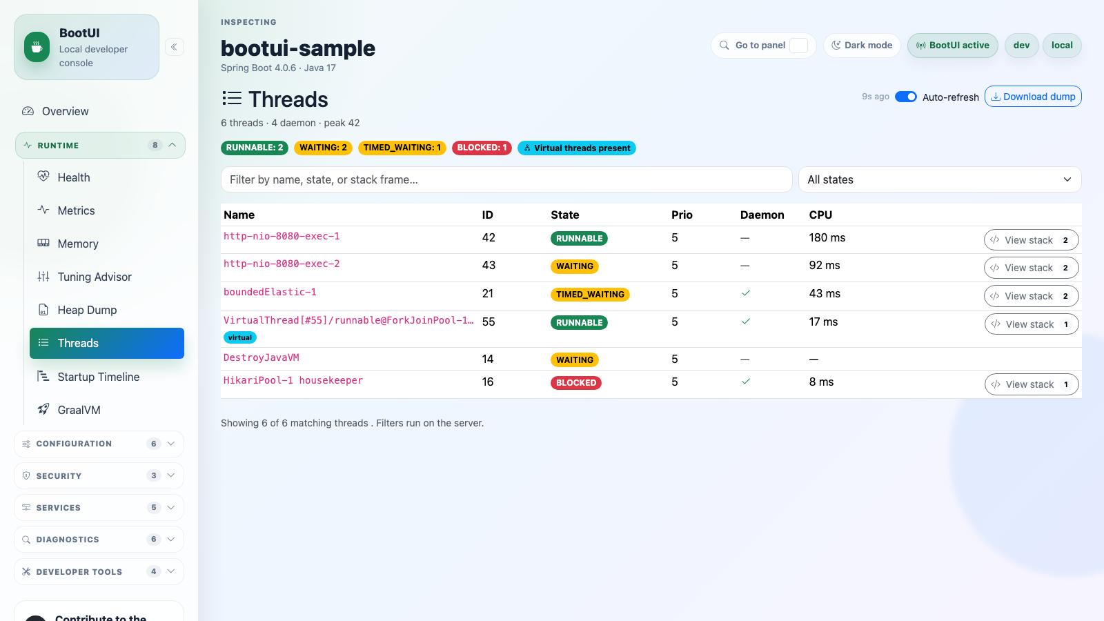 BootUI Threads panel